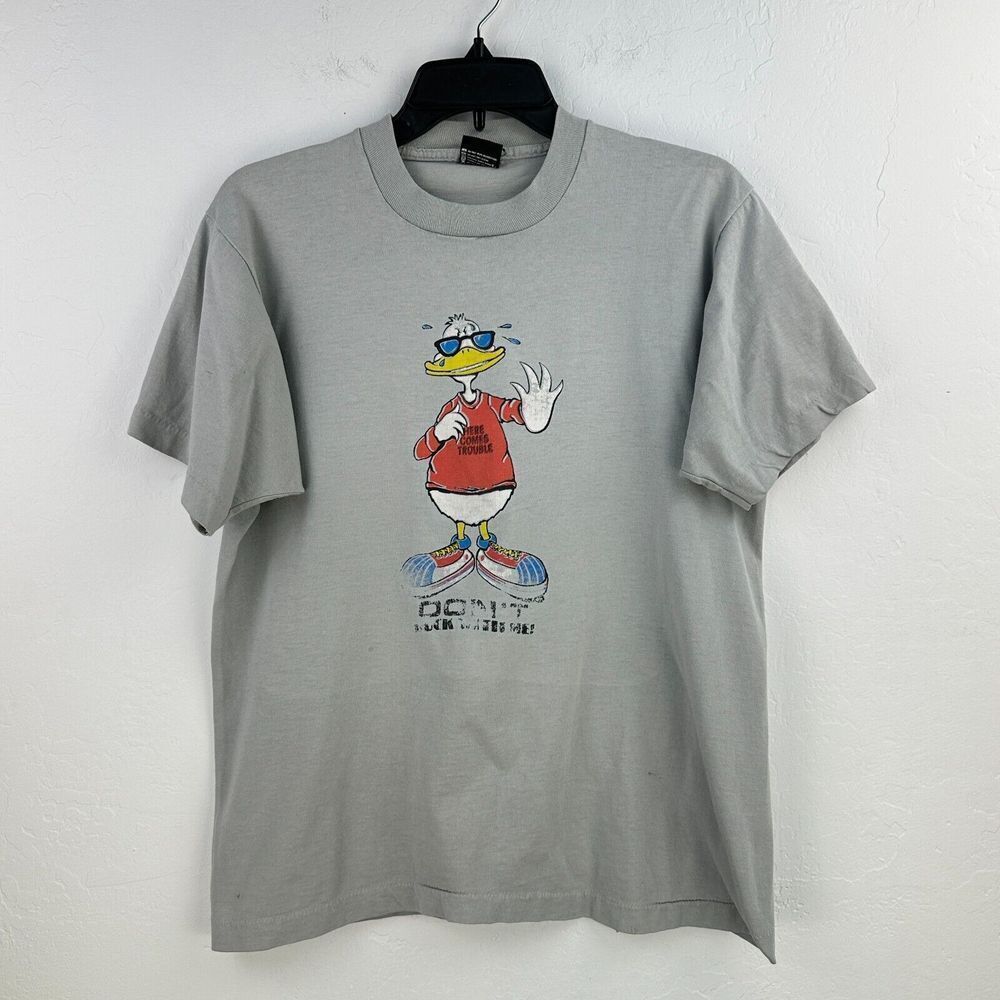 Vintage Screen Stars Best T-shirt Mens L Gray Duck Here Comes Trouble Faded